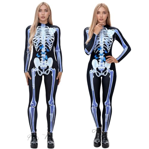 Zyncove Skelett Kostüm Damen, Halloween Skelett Jumpsuit Print Langarm Skinny für Adult Halloween Dress Up Party Cosplay 165-175 cm Karnevalsthema, Party (Blaue, L) von Zyncove