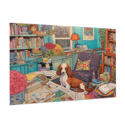 Bibliothek Puzzle 1000 Teile Erwachsene Puzzle Hund Muster Design mit Geschenkbox-Verpackung als Geschenk für Frauen, Anspruchsvolle Familienaktivität für Anfänger, Zimmer Deko 75 x 50 cm -1000y von Zyupwjyy