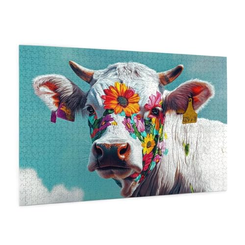 Kuh Puzzle 300 Teile Erwachsene Puzzle Blume Muster Design mit Geschenkbox-Verpackung als Geschenk für Frauen, Anspruchsvolle Familienaktivität für Erwachsene Anfänger, Zimmer Deko 40 x 28 cm -2173y von Zyupwjyy