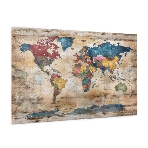 Retro Puzzle 1000 Teile Erwachsene Puzzle Weltkarte Muster Design mit Geschenkbox-Verpackung als Geschenk für Frauen, Anspruchsvolle Familienaktivität für Anfänger, Zimmer Deko 75 x 50 cm -1518y von Zyupwjyy