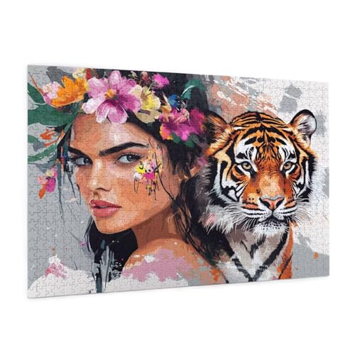 Tiger Puzzle 2000 Teile Erwachsene Puzzle Frau Muster Design mit Geschenkbox-Verpackung als Geschenk für Frauen, Anspruchsvolle Familienaktivität für Erwachsene Anfänger, Zimmer Deko 99 x 70 cm -810y von Zyupwjyy