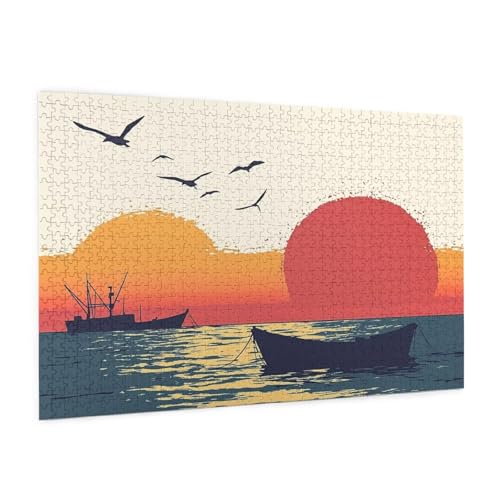 Untergehende Sonne Puzzle 300 Teile Erwachsene Puzzle Schiff Muster mit Geschenkbox-Verpackung als Geschenk für Frauen, Anspruchsvolle Familienaktivität für Anfänger, Zimmer Deko 40x28 cm -2048y von Zyupwjyy