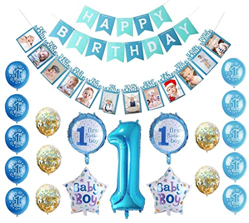 Geburtstagsdeko Blau Jungen 1 Jahr,Happy Birthday Banner Luftballons Blau,Luftballons Konfetti Ballons Blau Weiß,erst Geburtstag Deko Jungen,Folienballon Zahl 1,Junge Deko 1 Geburtstag (A) von a ray of sunshine