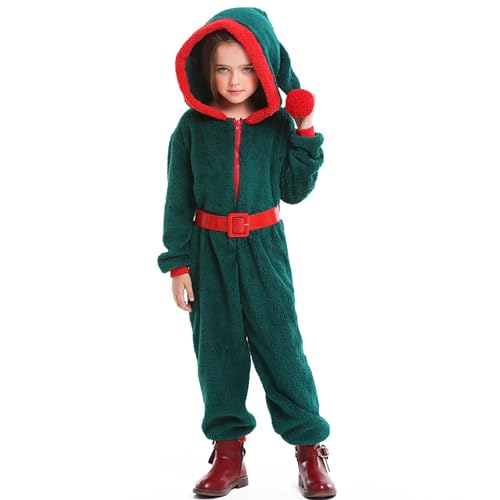 Kinder Mädchen Jungen Weihnachten Jumpsuit Dunkelgrün Weihnachtskostüm Cosplay Weihnachtsbaum Kostüm Anzug Urlaub Outdoor Weicher Spielanzug Strampler Hoodie (Grün, 4-6 Jahre) von aaSccex