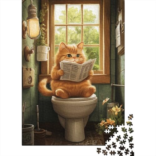 1000-teiliges Puzzle „Katze sitzt auf Toilette und liest Zeitung“, Puzzle für Kinder, Holzpuzzle, Lernspiel für Erwachsene (75 x 50 cm) von aaaaab