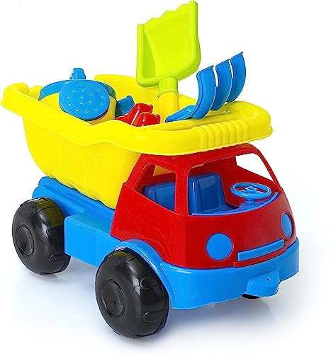 Abeec Strandspielzeug-Set mit Zubehör - LKW, Gießkanne, Sandformen, Schaufel und Gabel - Geeignet für Kinder ab 18 Monaten - Netzverpackung für einfache Transportmöglichkeiten. von abeec