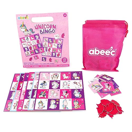 abeec Einhorn Bingo - Bingo-Spiel für Kinder und Erwachsene inklusive Bingo-Spielkarten, Bingo-Kartenmarker und Bingo-Rufkarten - Kids Bingo Set 5+ von abeec