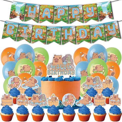 Capybara-Geburtstagsballons – Capybara-Happy-Birthday-Banner, Cartoon-Geburtstagsparty-Zubehör, Cupcake-Topper, Tischdecken, Banner, Luftballons, Kuchendekoration | Cupcake-Topper, Geburtstagszubehör von acime