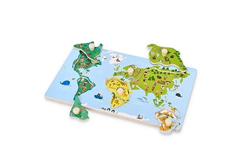 Holz-Steckpuzzle ab 1 Jahr, Weltkarte, Kinder - Holzpuzzle 6 Elemente - Am Griff herausziehbar - Sensorisches Spielzeug - Kontinente, Menschen der Welt von adam toys