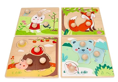 adam toys Holz-Steckpuzzle ab 1 Jahr, 4er Set, Kinder - Holzpuzzle, Thema Jahreszeiten, Tiere - Am Griff herausziehbar - Sensorisches Spielzeug - 3-4 Elemente pro Stück von adam toys