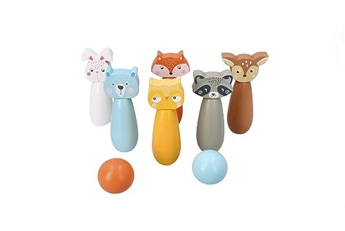 adam toys Kegelspiel für Kinder, 6 Kegel, 2 Bälle - Bowling-Set für Kinder, Waldtier-Figuren - Bemaltes Holz - Spielzeug ab 3 Jahre - Outdoor, Indoor - Kinderball, Geburtstag, Geschenk von adam toys