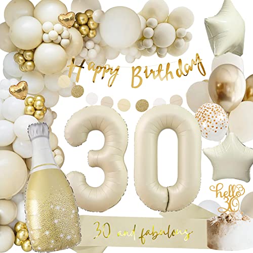 30 Geburtstag Deko, 30 Geburtstag Frauen Männer, Geburtstagsdeko 30, Beige Gold Ballon Deko mit Happy Birthday Girlande, Deko 30. Geburtstag Luftballons für 30. Geburtstag Dekorationen von adaziau