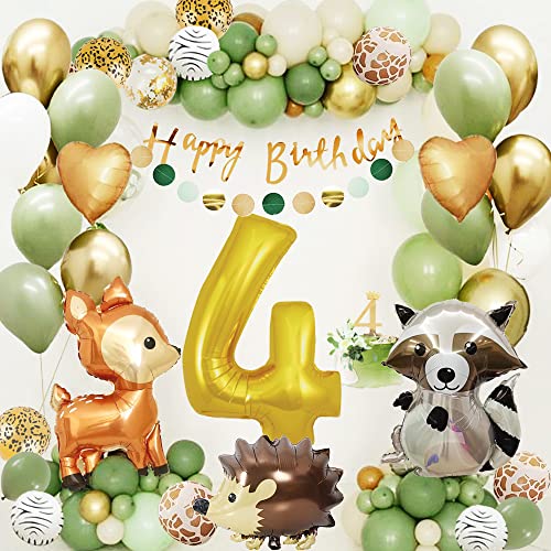 4 Geburtstag Junge Mädchen, Dschungel Kindergeburtstag Deko 4 Jahr, Grüne Luftballon 4 Geburtstagsdeko, Wild Geburtstagsdeko, Waldtiere Alles Gute zum Banner für Kinder Deko von adaziau