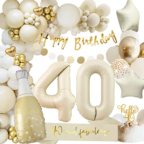 40 Geburtstag Deko, 40 Geburtstag Frauen Männer, Geburtstagsdeko 40, Beige Gold Ballon Deko mit Happy Birthday Girlande, Deko 40. Geburtstag Luftballons für 40. Geburtstag Dekorationen von adaziau