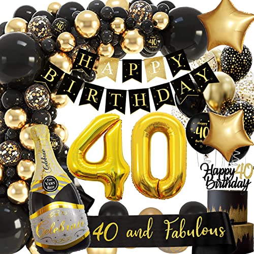 40 Geburtstag Deko, 40 Geburtstag Mann Frauen, Geburtstagsdeko 40, Schwarz Gold Deko mit Happy Birthday Girlande, Deko 40 Geburtstag, Luftballon 40 für 40 Männer Geburtstag Dekorationen von adaziau