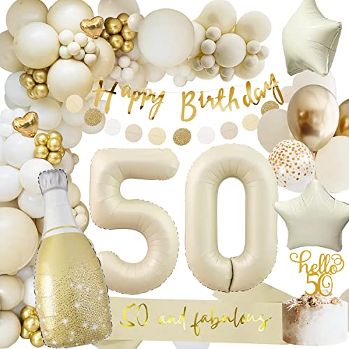 50 Geburtstag Deko, 50 Geburtstag Frauen Männer, Geburtstagsdeko 50, Beige Gold Ballon Deko mit Happy Birthday Girlande, Deko 50. Geburtstag Luftballons für 50. Geburtstag Dekorationen von adaziau