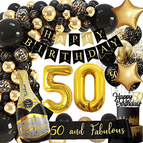 50 Geburtstag Deko, Geburtstagsdeko 50 Mann Frauen, Schwarz Gold Deko mit Happy Birthday Girlande, Deko 50 Geburtstag Luftballon 50 für 50 Männer Geburtstag Dekorationen von adaziau