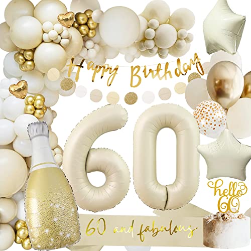 60 Geburtstag Deko, 60 Geburtstag Frauen Männer, Geburtstagsdeko 60, Beige Gold Ballon Deko mit Happy Birthday Girlande, Deko 60. Geburtstag Luftballons für 60. Geburtstag Dekorationen von adaziau