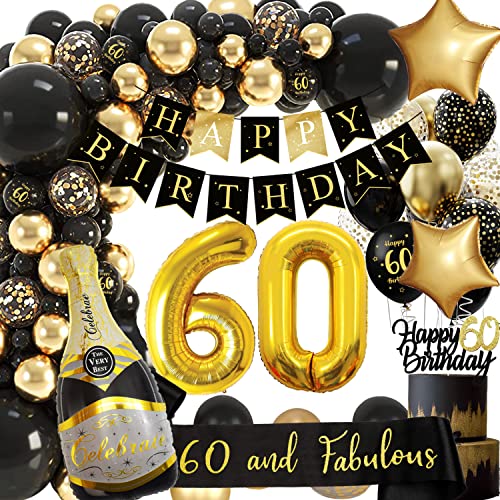 60 Geburtstag Deko, 60 Geburtstag Mann Frauen, Geburtstagsdeko 60, Schwarz Gold Deko mit Happy Birthday Girlande, Deko 60 Geburtstag, Luftballon 60 für 60 Männer Geburtstag Dekorationen von adaziau