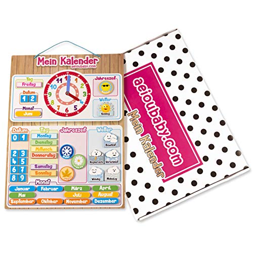 MAGNETISCHE KINDER-KALENDERUHR, Lernspiel Datum Wetter und Zeit für Wand oder Kühlschrank, 43x32cm. Ideale Box als Geschenk zum Kindergeburtstag in der Schule oder im Kindergarten (Deutsch) von aeioubaby.com