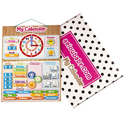 MAGNETISCHE KINDER-KALENDERUHR, Lernspiel Datum Wetter und Zeit für Wand oder Kühlschrank, 43x32cm. Ideale Box als Geschenk zum Kindergeburtstag in der Schule oder im Kindergarten (Englisch) von aeioubaby.com