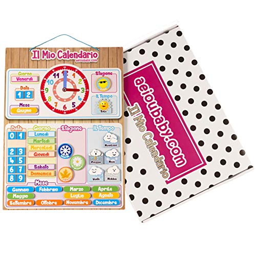 MAGNETISCHE KINDER-KALENDERUHR, Lernspiel Datum Wetter und Zeit für Wand oder Kühlschrank, 43x32cm. Ideale Box als Geschenk zum Kindergeburtstag in der Schule oder im Kindergarten (Italienisch) von aeioubaby.com