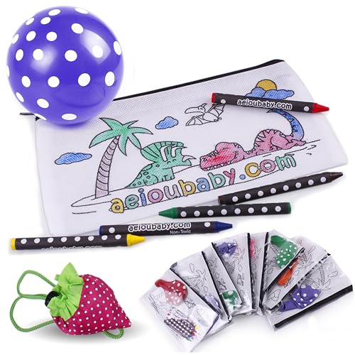 aeioubaby.com 25 Federmäppchen zum Ausmalen + Wiederverwendbare Tasche | 25 einzelne Taschen mit 5 bunten Wachsmalstiften und Luftballon | Geschenk Kinder auf Festen und Geburtstagen (Dinos) von aeioubaby.com