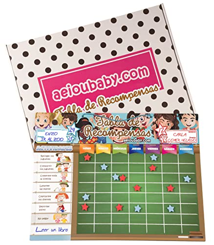 aeioubaby.com BELOHNUNGSTAFEL Magnetisch Groß | Sternchenplan für Wand oder Kühlschrank, 43x32cm. 22 Tätigkeiten, 2 Stifte und 1 Ballon | Geschenkbox für Kinder und Geburtstage (Spanisch) von aeioubaby.com