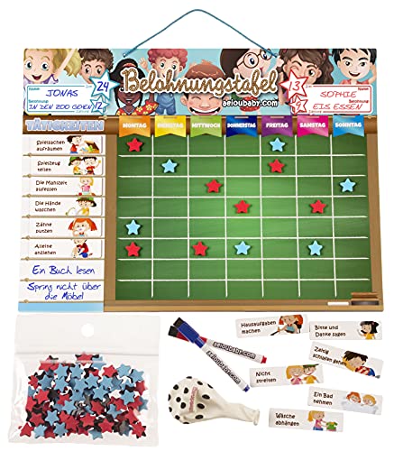 BELOHNUNGSTAFEL Magnetisch Groß | Sternchenplan für Wand oder Kühlschrank, 43x32cm. 22 Tätigkeiten, 2 Stifte und 1 Ballon | Geschenkbox für Kinder und Geburtstage (Deutsch) BELOHNUNGSTAFEL Magnetisch Groß | Sternchenplan für Wand oder Kühlschrank, 43x32cm. 22 Tätigkeiten, 2 Stifte und 1 Ballon | Geschenkbox für Kinder und Geburtstage (Deutsch) von aeioubaby.com