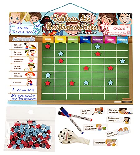 aeioubaby.com BELOHNUNGSTAFEL Magnetisch Groß | Sternchenplan für Wand oder Kühlschrank, 43x32cm. 22 Tätigkeiten, 2 Stifte und 1 Ballon | Geschenkbox Kinder und Geburtstage (Französisch) von aeioubaby.com