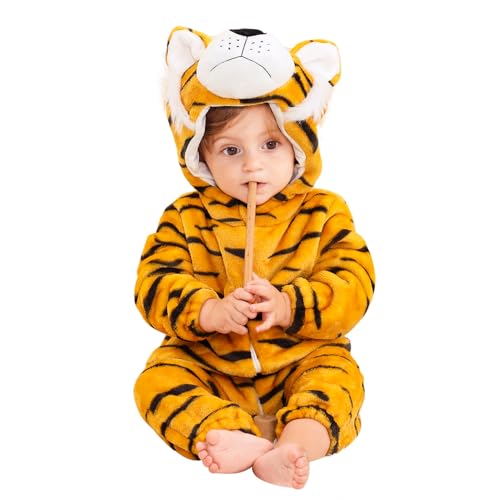 Tiger Onesie Kostüm Kinder: Unisex Baby Kostüm Tiger Overall mit Kapuze - Faschingskostüm Tiger Kinder für Jungen und Mädchen Tierkostüm für Karneval und Halloween (Tiger, 90(12–18 Monate)) von ailker