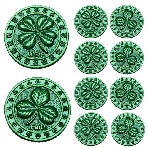 Zweiseitige Glücksmünze – Glücksbringer, vierblättriges Kleeblatt, irische Kleeblätter, Kobold-Schatz, Lotterieticket, Kratzwerkzeug, Glücksgeschenke (Grün, 10er-Pack) von aiviwiai