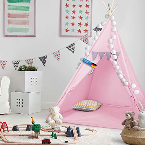 Kinder-Spielzelt Tipi Kinderzelt aus 100% Naturmaterialien; Kinderzimmer Indianer-Zelt aus Baumwolle & Holz für Drinnen & Draußen (Pink) von all Kids United