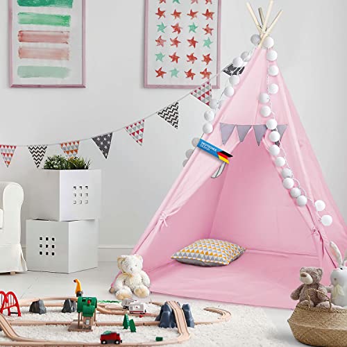 all Kids United Kinder-Spielzelt Tipi Kinderzelt aus 100% Naturmaterialien; Kinderzimmer Indianer-Zelt aus Baumwolle & Holz für Drinnen & Draußen (Pink) von all Kids United