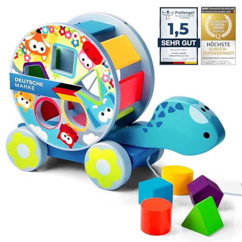 all Kids United® Holz-Spielzeug Schildkröte mit Bauklötze aus Holz; Zugspielzeug, Kinderspielzeug Sortierwürfel Holzzug Lernspielzeug (Schildkröte) von all Kids United