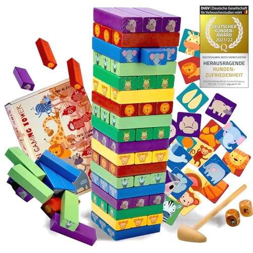 all Kids United® Holz Kinder-Spielzeug 4in1 Stapelturm; Wackelturm Stapelspiel; Montessori Lernspielzeug, Turmspiel mit 54 bunten Bauklötzen ab 3 Jahren von all Kids United