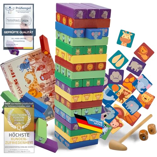 all Kids United® Holz Kinder-Spielzeug 4in1 Stapelturm; Wackelturm Stapelspiel; Montessori Lernspielzeug, Turmspiel mit 54 bunten Bauklötzen ab 3 Jahren von all Kids United