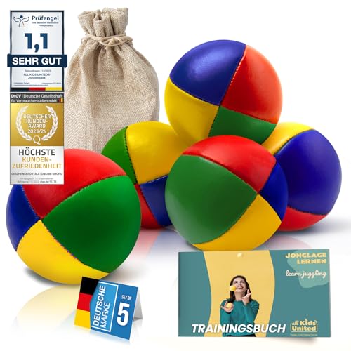 all Kids United® Jonglierbälle im 5er Set; Professionelles Jonglierball-Set im Jute-Beutel; Weiche Juggling Balls für Anfänger & Fortgeschrittene mit Gratis E-Book zum Trainieren von all Kids United