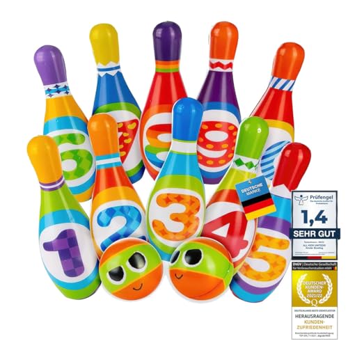 all Kids United® Kegelspiel für Kinder Bowling-Set XXL mit 10 weichen PU Kegeln und 2 Bällen; Pädagogisches Lern-Spielzeug für Drinnen & Draußen aus Schaumstoff (10er Set) von all Kids United