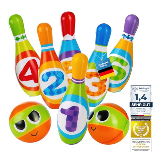 all Kids United® Kegelspiel für Kinder Bowling-Set XXL mit 6 weichen PU Kegeln und 2 Bällen; Pädagogisches Lern-Spielzeug für Drinnen & Draußen aus Schaumstoff (6er Set) von all Kids United