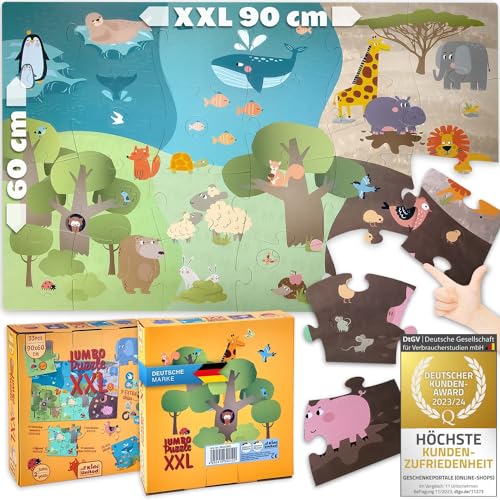 all Kids United® XXL Puzzle Tiere Kinder-Spielzeug ab 2 Jahren; Motorik & Lernspielzeug mit Tieren und Landschaft; 90x60 cm Montessori Puzzlespiel, mit 33 bunten Puzzlestücken von all Kids United