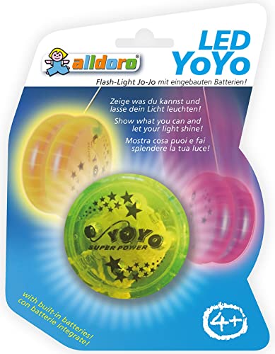 alldoro 60342 - LED YoYo Ø 6 cm, leuchtendes Anfänger Jojo aus Kunststoff, Einsteiger Yo Yo mit Leuchteffekt für Kinder ab 3 Jahren, für Indoor und Outdoor, inklusive Batterien, in 4 Farben sortiert von alldoro