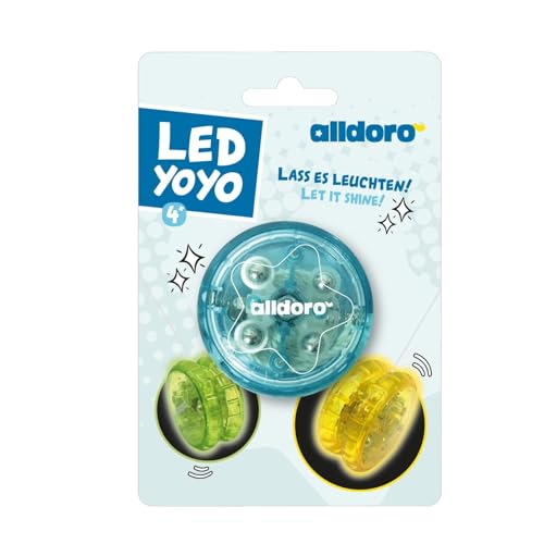 alldoro 60342 - LED YoYo Ø 6 cm, leuchtendes Anfänger Jojo aus Kunststoff, Einsteiger Yo Yo mit Leuchteffekt für Kinder ab 3 Jahren, für Indoor und Outdoor, inklusive Batterien, in 4 Farben sortiert von alldoro