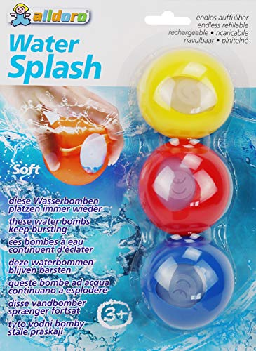 alldoro 60206 - Water Splash 3er Set Wasserbomben, Wasserballons wiederverwendbar & selbstschließend, Wasser Balloon für Garten, Strand & Party, für Kinder ab 3 Jahren & Erwachsene, Farben sortiert von alldoro