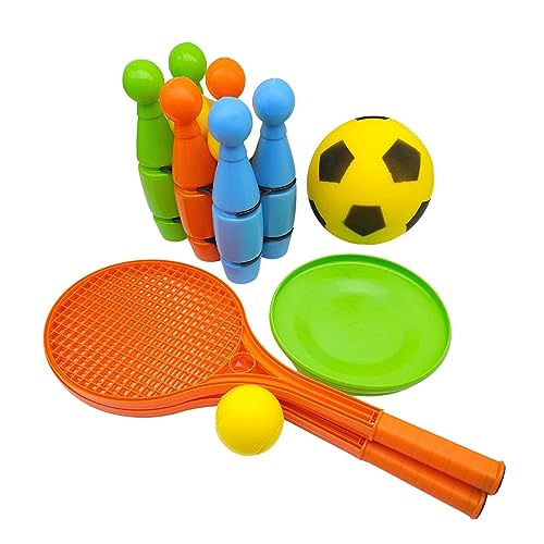 alldoro 60042 XXL-Outdoor-Spiel-Set, Kunststoff, mit Kegelspiel, Fußball, Wurfscheibe und Soft-Tennisspiel, Tragetasche, Bunt von alldoro