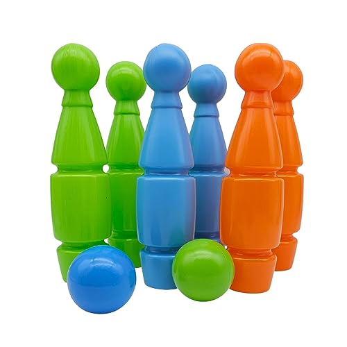 alldoro 60045 Kegelspiel für Kinder, 8 TLG – Kunststoff – 6 Kegel je 25 cm Pins-Höhe, bunt, mit 2 Kugeln und Tragehilfe von alldoro