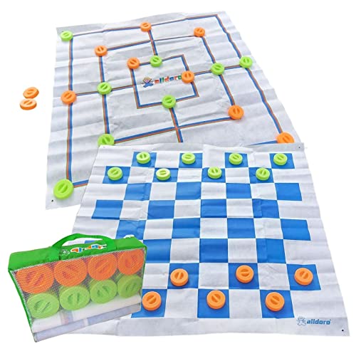 alldoro 60063 XXL Mühle und Dame Spiel mit Tragetasche, 2 in 1 Outdoor Brettspiel mit 24 Spielsteinen mit Griff, 2 große Spielmatten ca. 158x158 cm, Gartenspiel für Kinder ab 3 Jahre & Erwachsene von alldoro