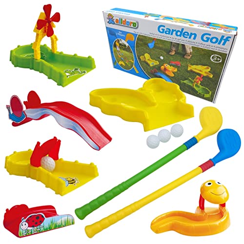 alldoro 60066 Garten Golf Set, Gartengolf mit 11 Teilen, Kindergolf mit 6 Hindernissen, 2 XXL Schläger und 3 Golfbällen, Minigolf für Drinnen & Draußen, Golfset aus Kunststoff für Kinder ab 3 Jahren von alldoro