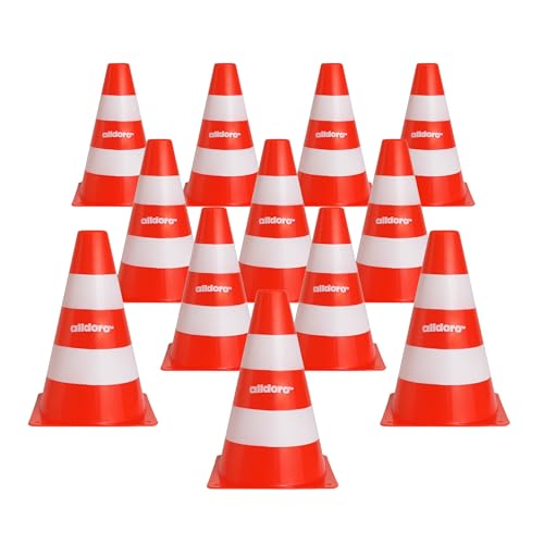 alldoro 60093 Pylonen 12er Set, Leitkegel 18 cm - Verkehrshütchen stapelbar, für Kinder ab 3 Jahre, weiß-orange, 12 Stück alldoro 60093 Pylonen 12er Set, Leitkegel 18 cm - Verkehrshütchen stapelbar, für Kinder ab 3 Jahre, weiß-orange, 12 Stück von alldoro