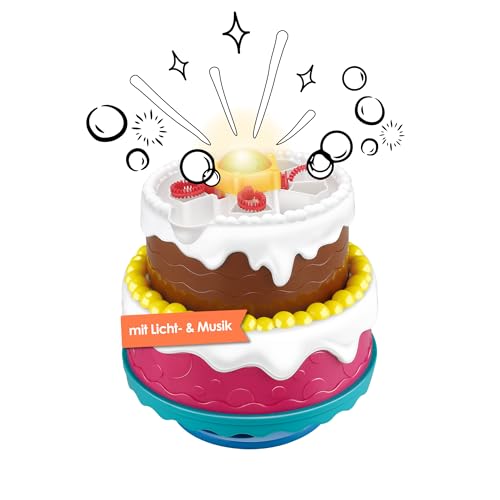 alldoro 60612 Party Torte mit Seifenblasen-Maschine, Licht, zuschaltbarem Happy Birthday Sound, Flüssigkeit von alldoro